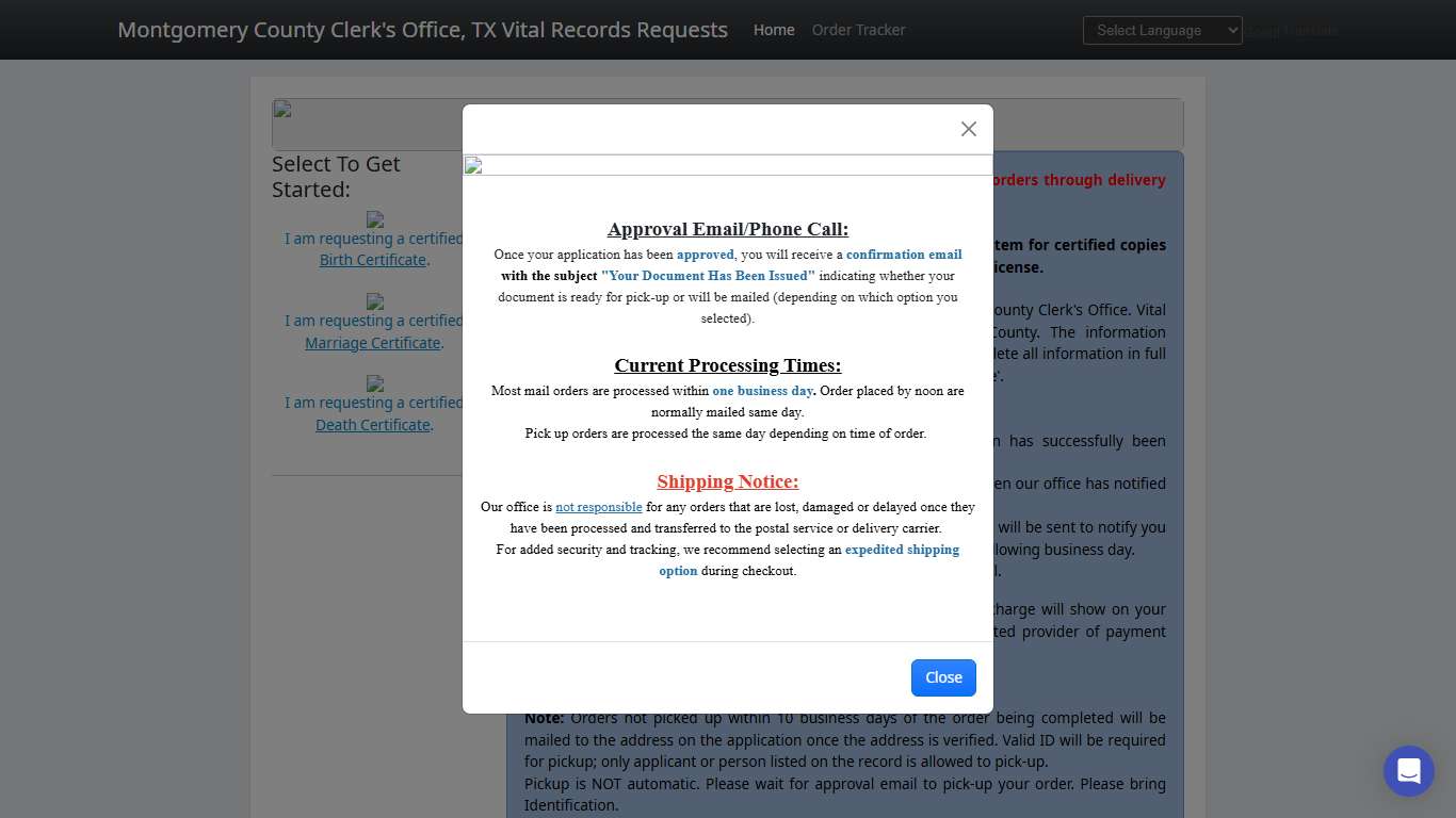 Montgomery County Clerk's Office Online Birth/Death Certificate Requests